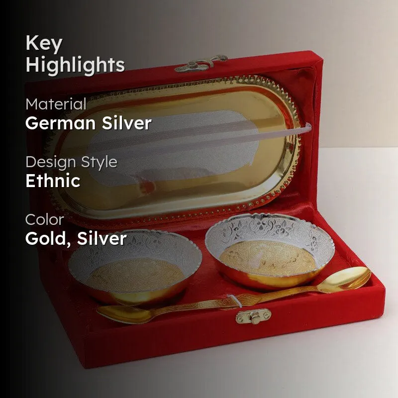 Luxurious German Silver & Gold Dessert Bowl Set with Tray and Spoons - Ethnic Design media 2