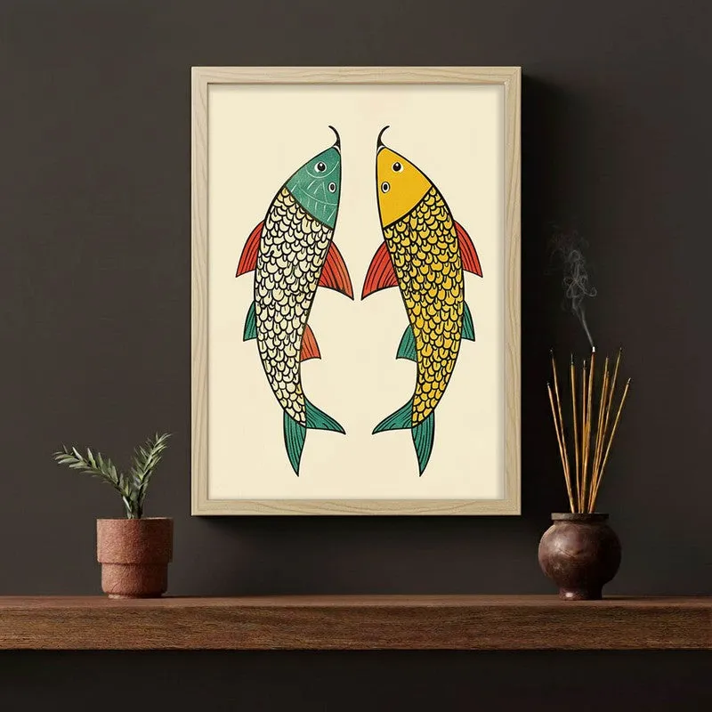 Twin Fish Folk Art Canvas Wall Painting With Brown Frame media 6