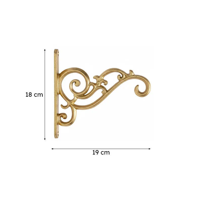 Gold ornate wall bracket shown on a white background with dimensions