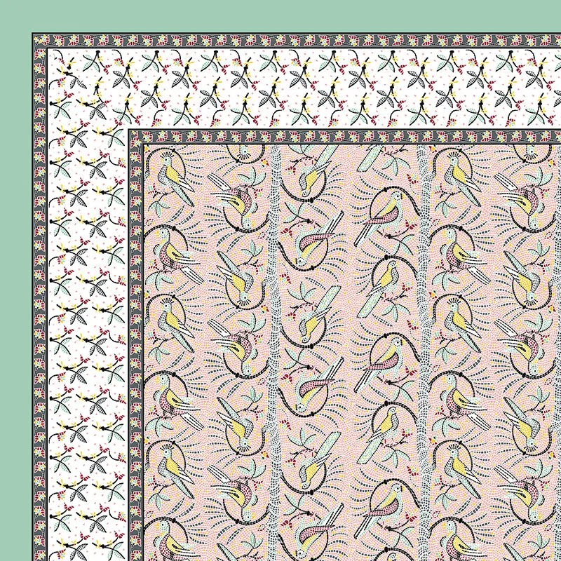 Tara Tranquility Ethnic Cotton Bedsheet (Green & Beige) - 150 TC media 5