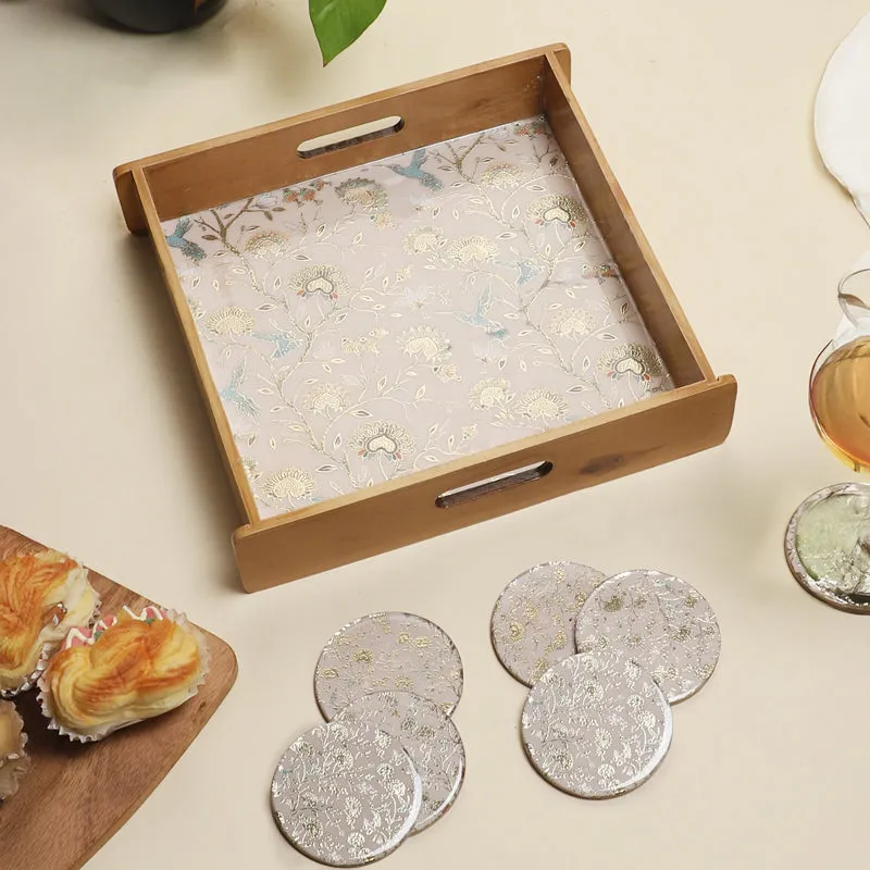 Blossom Glow Wooden Serving Tray With Coaster - Seven Piece Set media 1