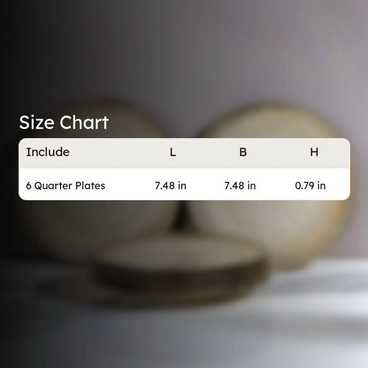 Beige ceramic quarter plates shown with a size chart