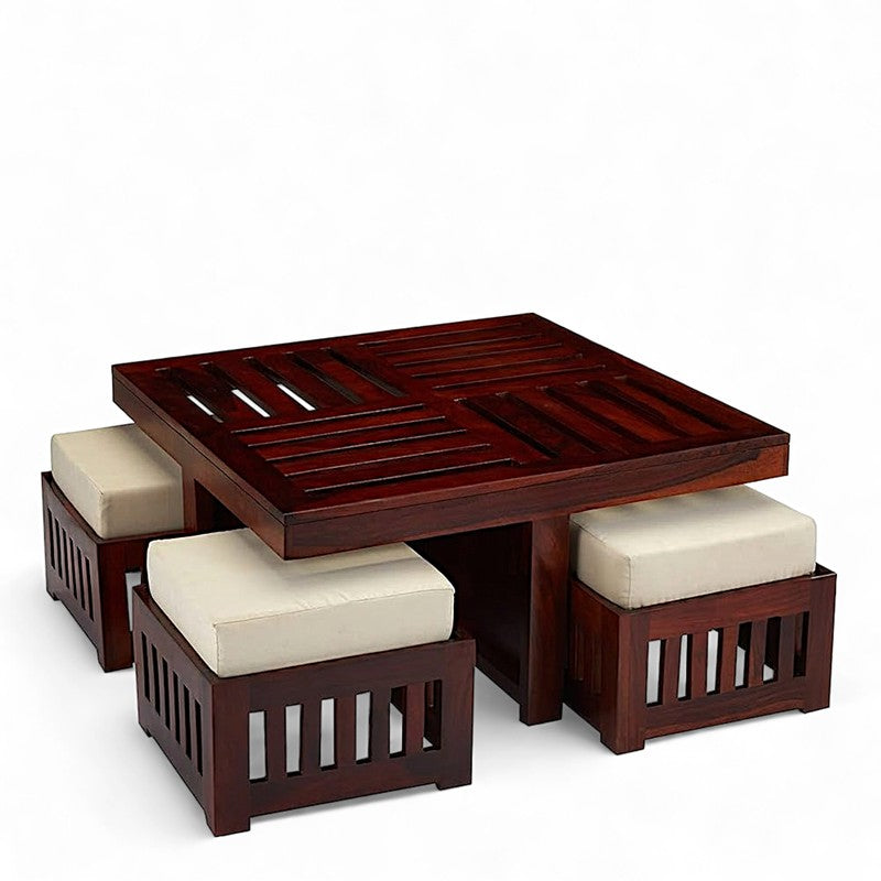 Gaviron Sheesham Wooden Center Table with Stools and Cushions (Red) - Nine Piece Set media 5