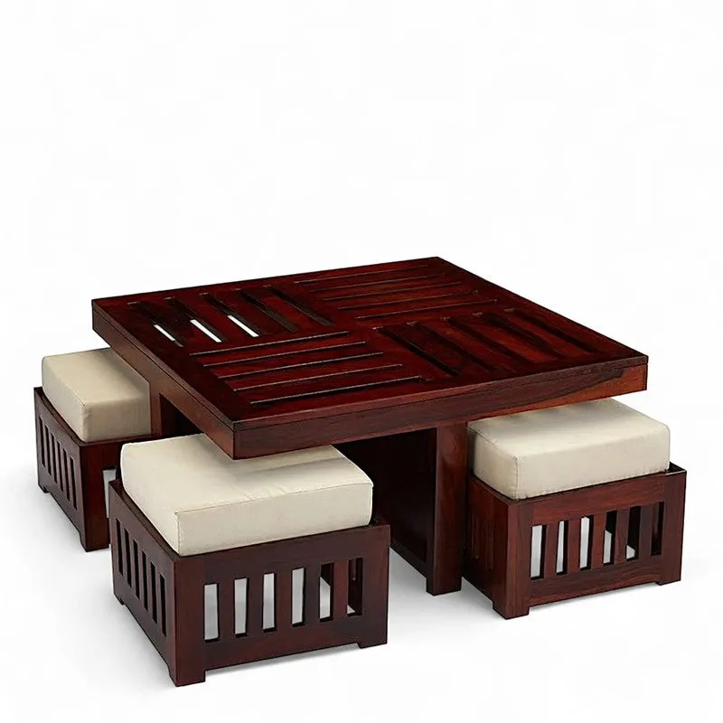Gaviron Sheesham Wooden Center Table with Stools and Cushions (Red) - Nine Piece Set media 5