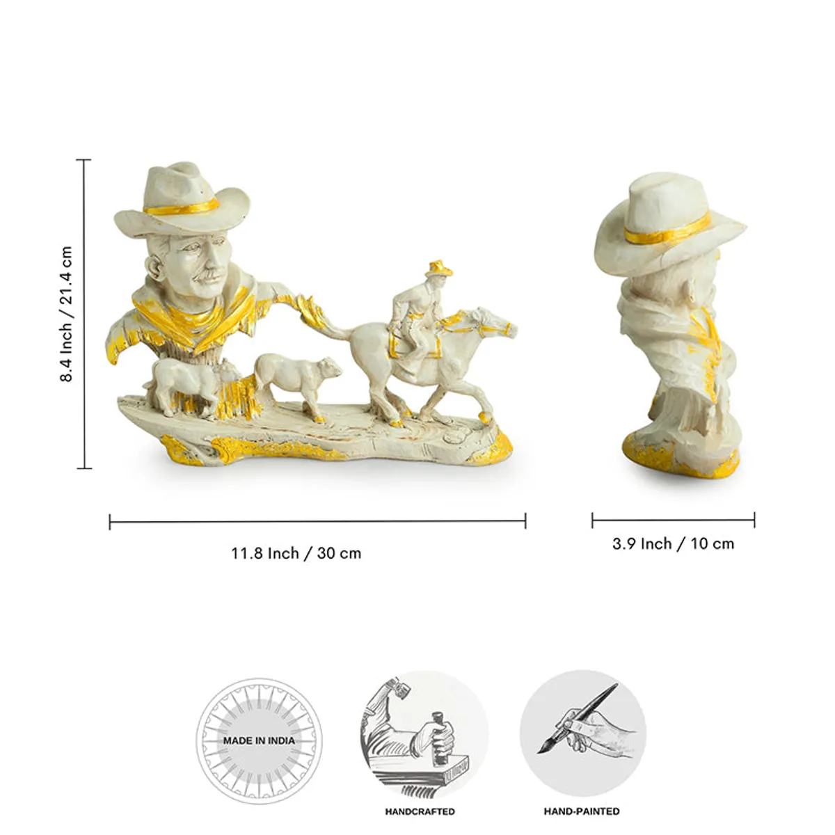 White and gold cowboy showpiece shown from front and side