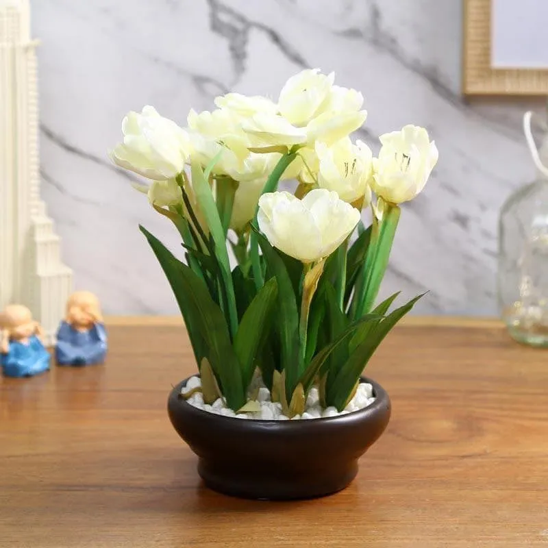 Faux Tulip Bonsai In Ceramic Pot (26 cms) - White media 1