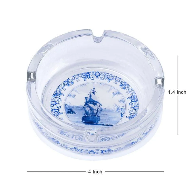 Clear round glass ashtray with blue ship design shown from above
