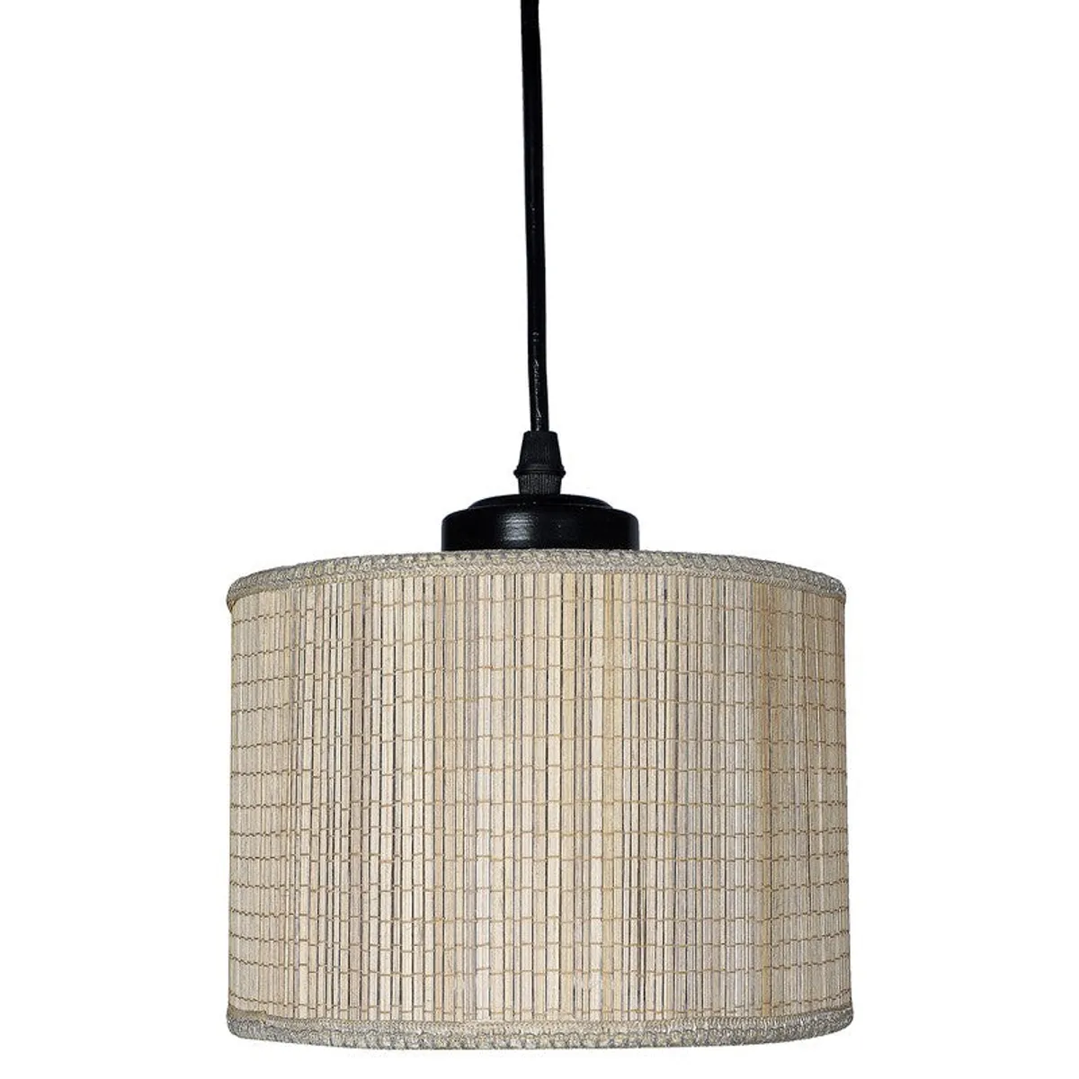Close-up of a single beige cylindrical lamp shade with black suspension