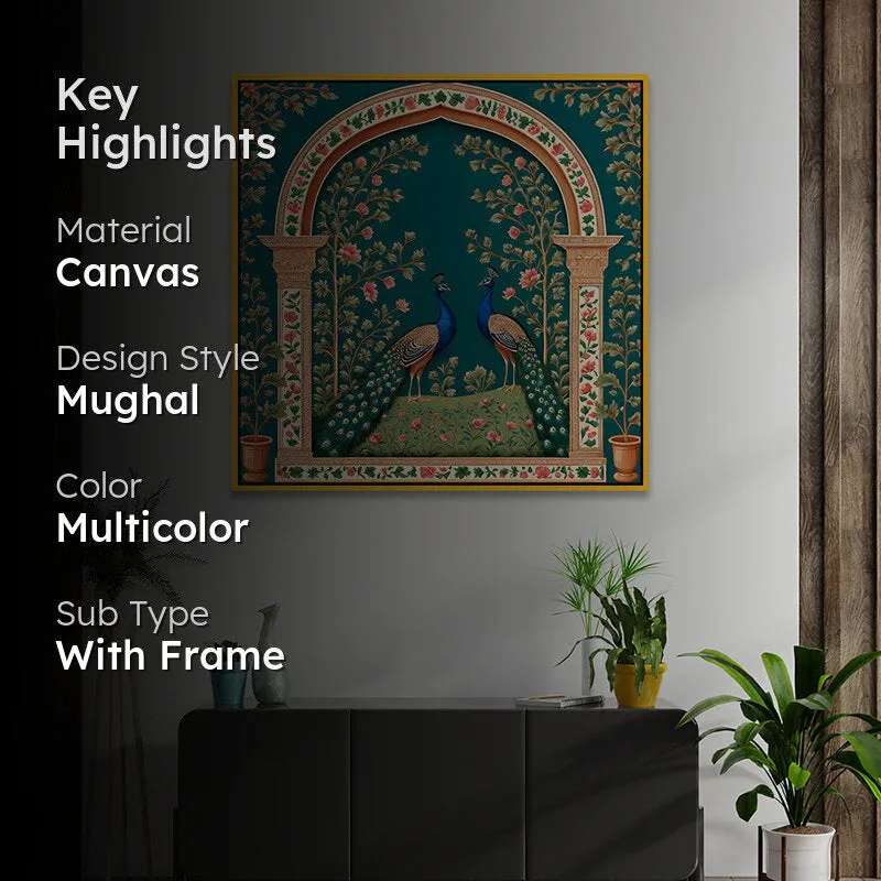 Vibrant Mayura Duo Canvas Wall Painting With Frame - Gold media 2