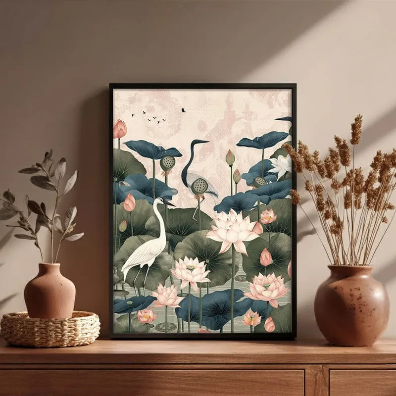Lotus Garden Birds Canvas Wall Painting With Black Frame media 7