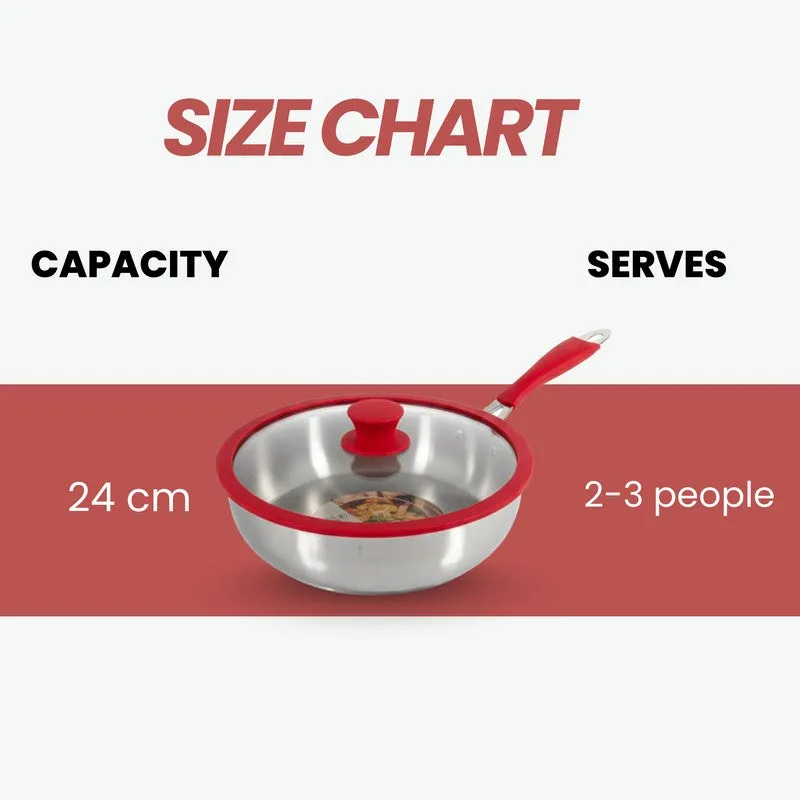 Silver frying pan with red handle shown beside a 24 cm size reference.