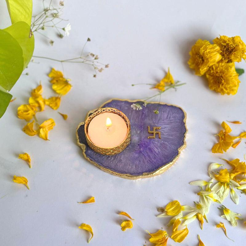 Swastik Handcrafted Agate Tealight Candle Holder - Purple media 3