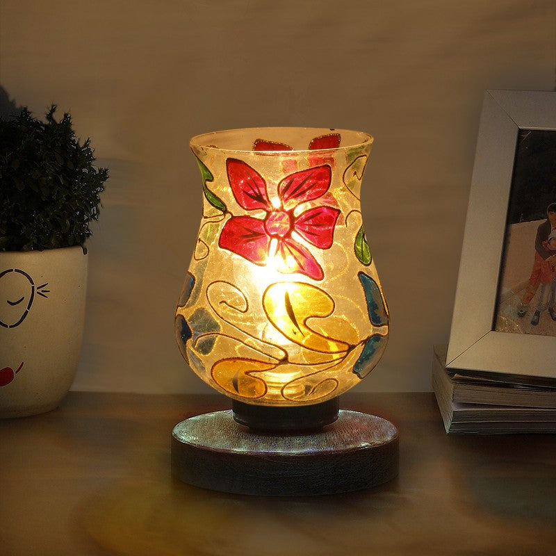 Glimora Mosaic Glass Table Lamp With Wooden Base - Multicolor