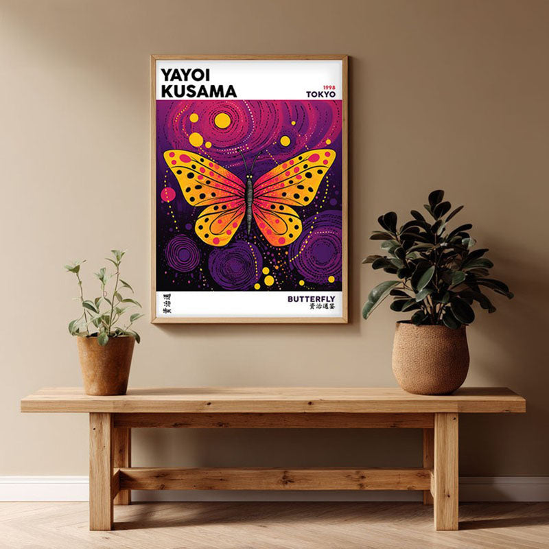 Butterfly Inspired by Yayoi Kusama Archival Canvas Wall Art - Natural Brown Frame