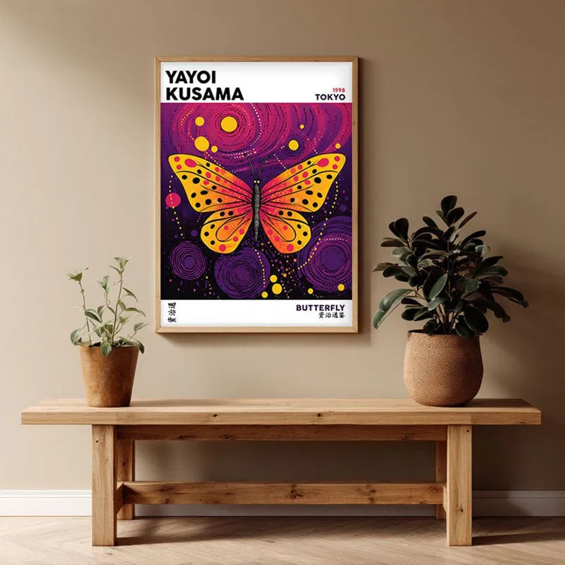Butterfly Inspired by Yayoi Kusama Archival Canvas Wall Art - Natural Brown Frame media 1