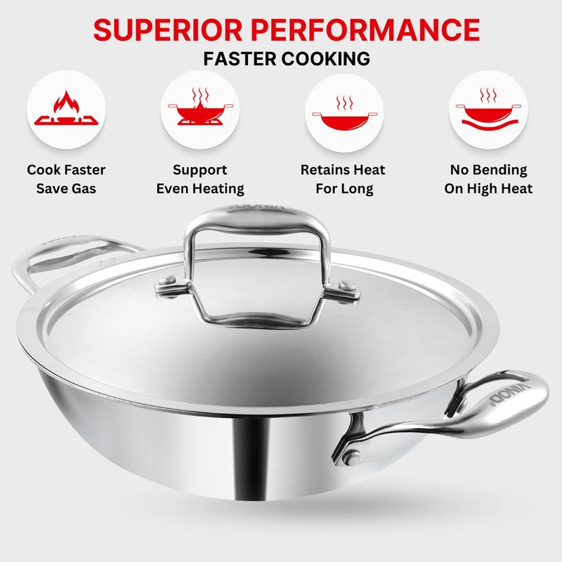 Vinod Stainless Steel Kadhai With Lid- 3200 mL/14 Inches media 6