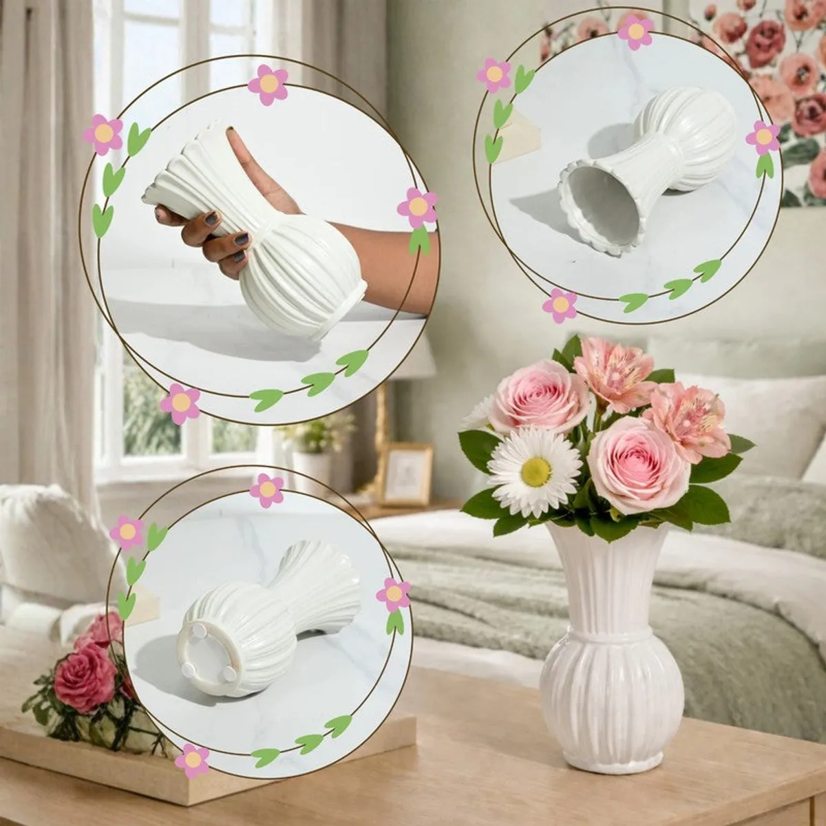 White ribbed vase shown from multiple angles with one floral arrangement
