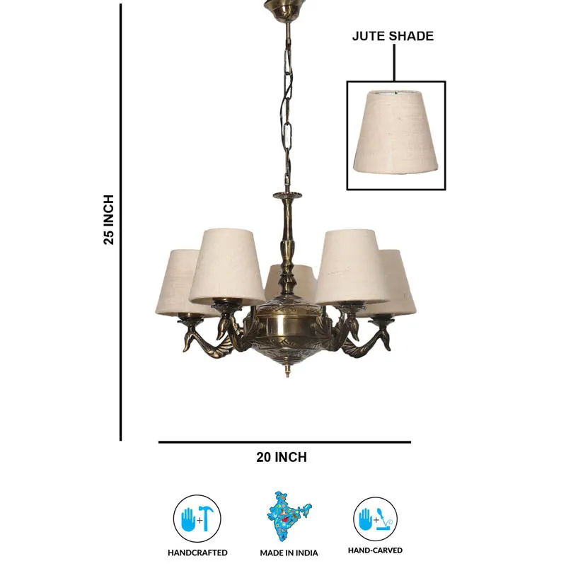 Antique brass ceiling lamp with beige shades on a white background and shade close-up