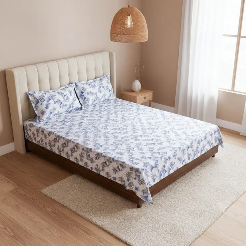 Borva Geometric Cotton Bedsheet (Blue) - 180 TC media 1