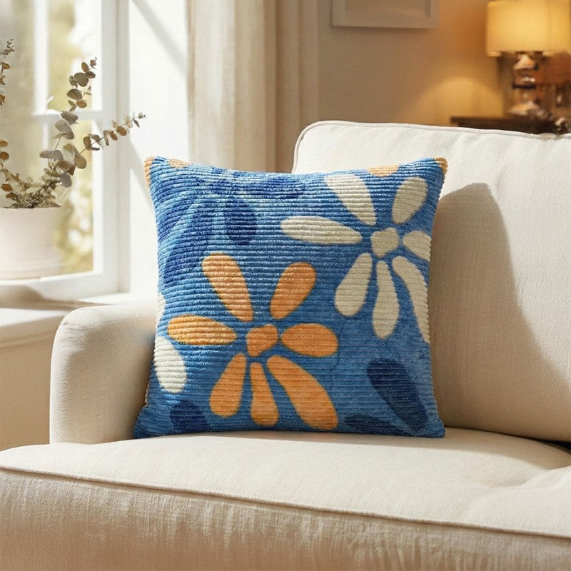FloralGrace Cushion Cover - Blue, Yellow