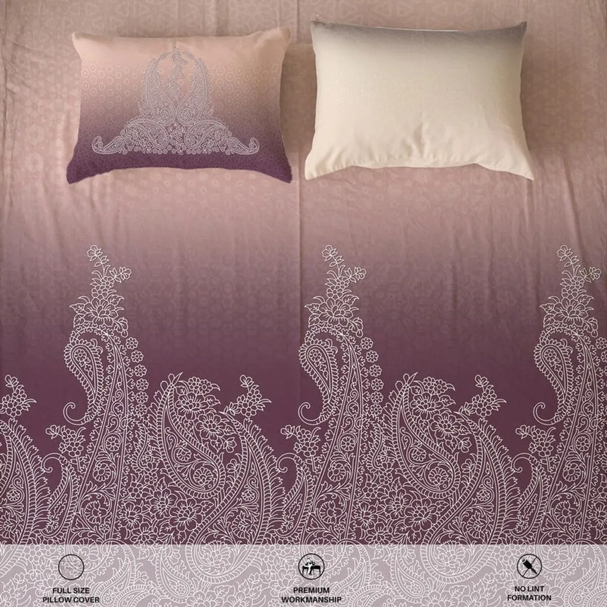 Top view of bedsheet and pillow cover design in pink and purple with paisley motifs