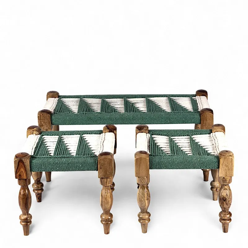 Firox Sheesham Wooden Bench with Stools (Green,White) - Three Piece Set media 3