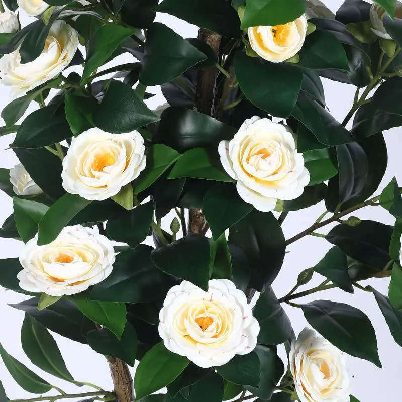 Faux Lush Mini Camellia Plant With Black Plastic Pot - White - 5 Feet media 4