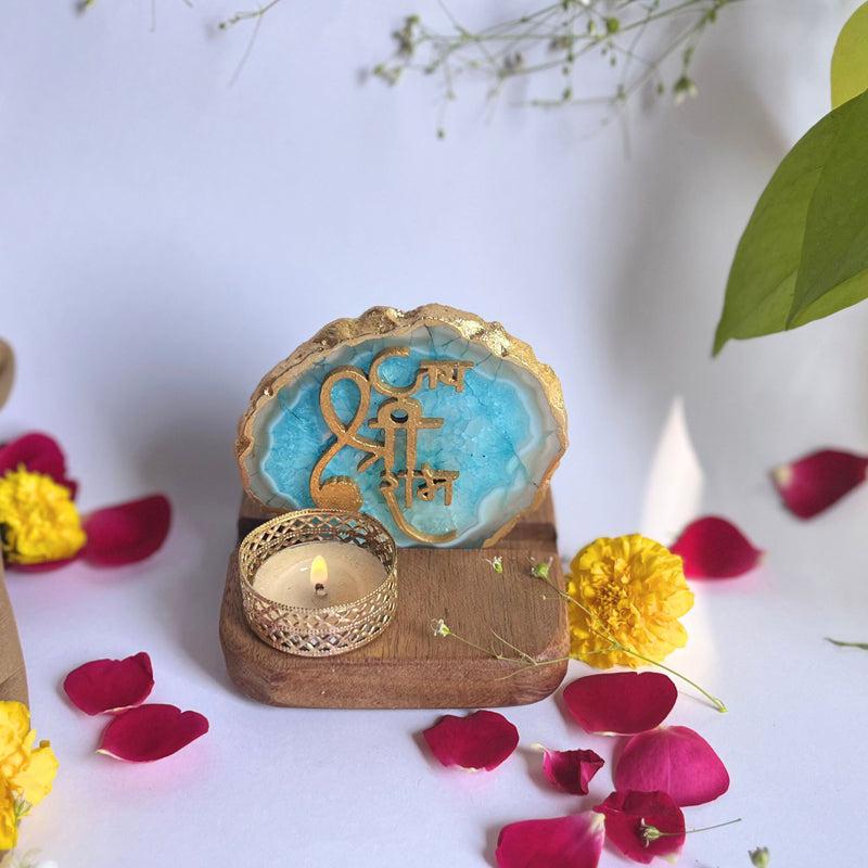 Jai Shri Ram Handcrafted Agate Religious Accent With Tealight Candle Holder - Turquoise media 4