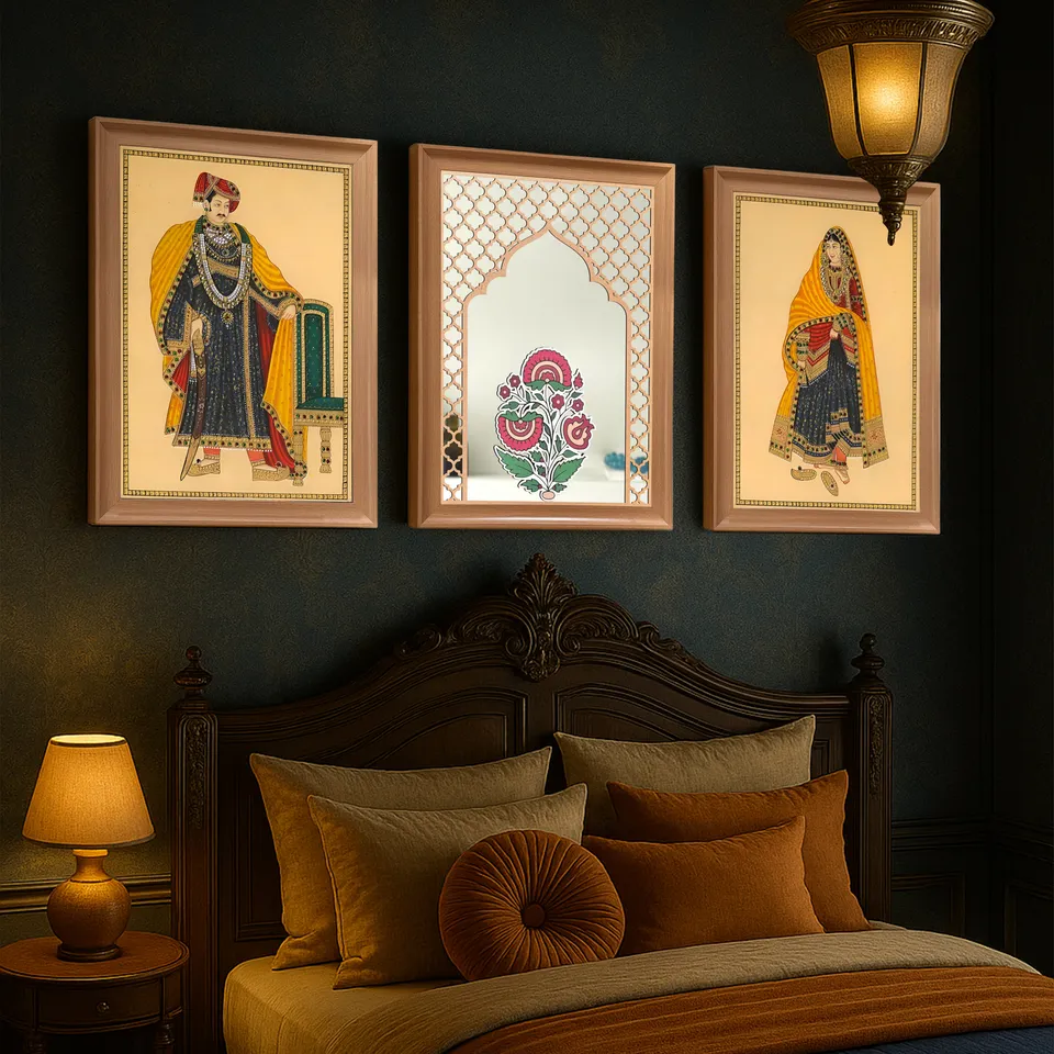 Pastel Mughal Garden Mirror Wall Painting - Set Of Three media 5