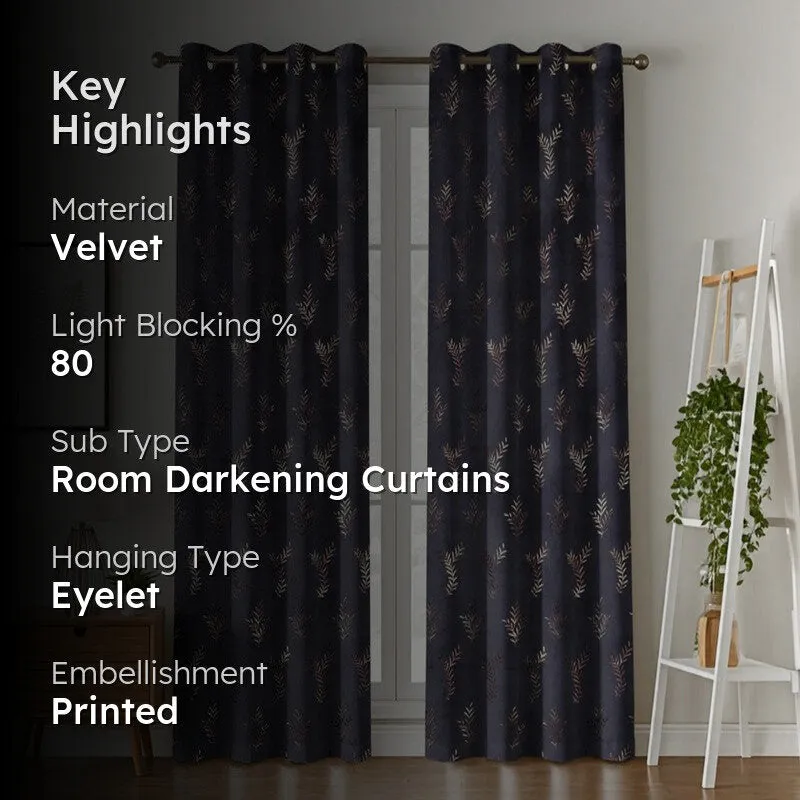 Shimmer Veil Printed Velvet Curtains (Navy Blue,Gold) - Set Of Two media 2