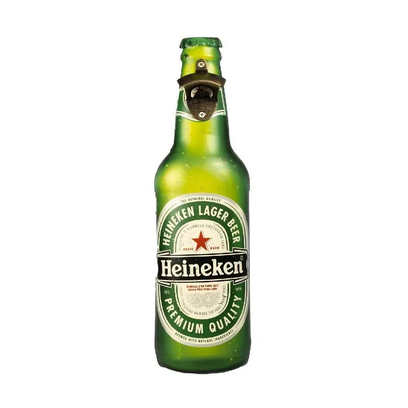 Heineken bottle-shaped metal bottle opener on a plain background