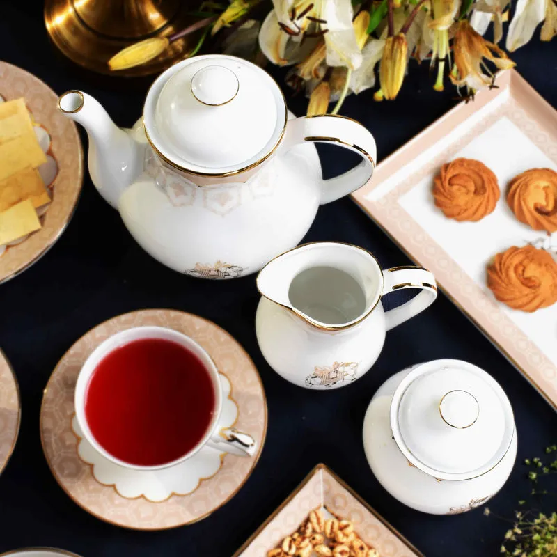 Gilded Legacy 24k Gold Brushed Porcelain Tea Set With Tea Pot (Peach) - Seventeen Piece Set media 11