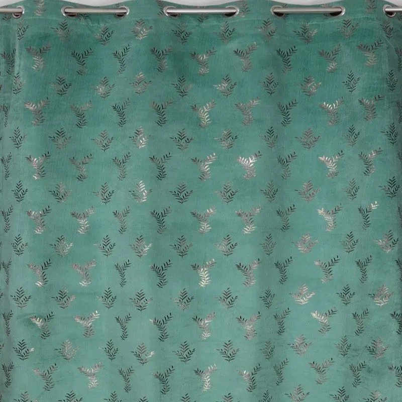 Gilded Touch Printed Velvet Curtain - Sea Green,Gold media 4