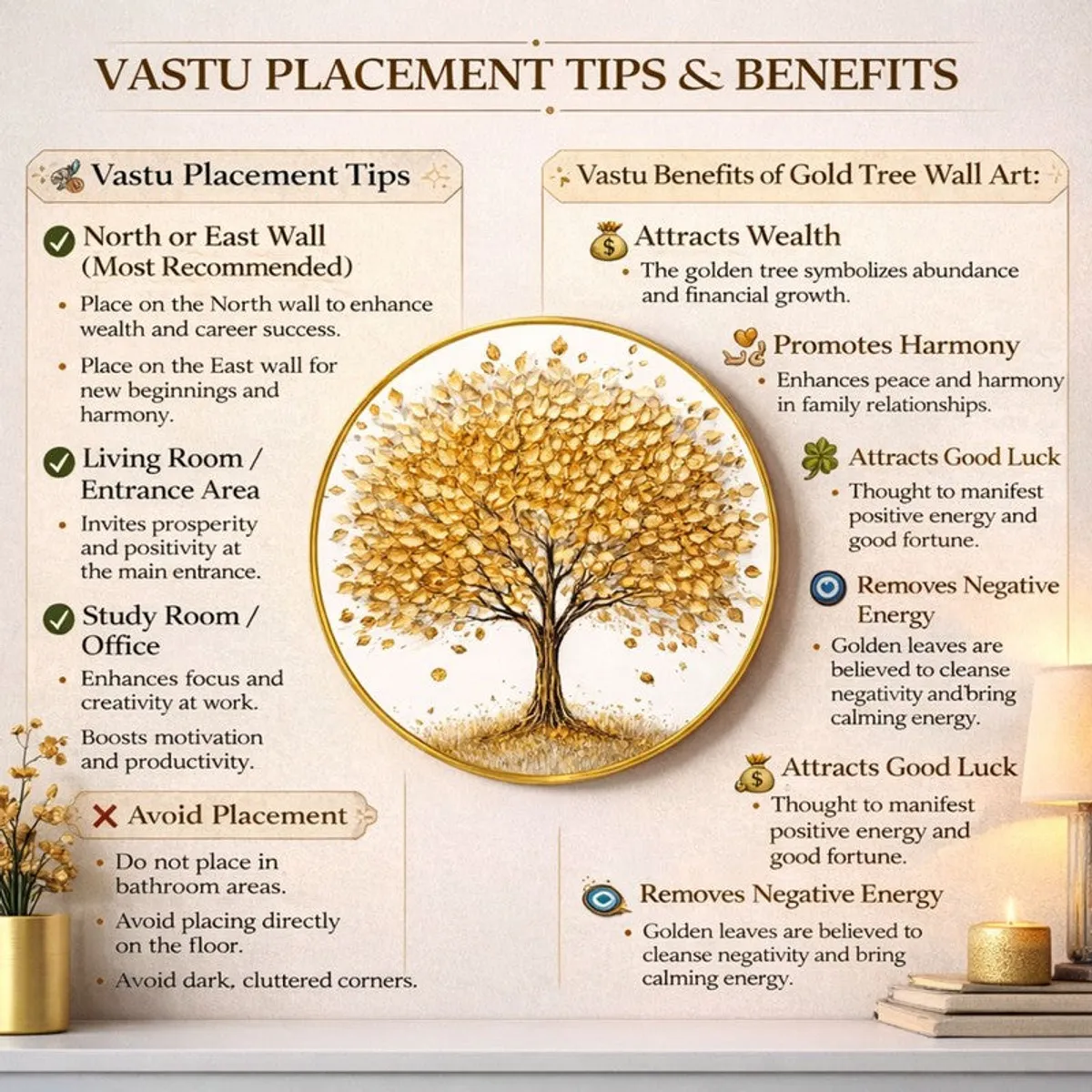 Decorative infographic layout showing the gold tree wall art with surrounding notes.