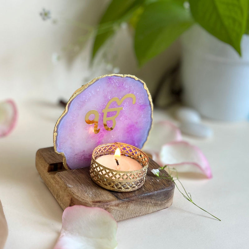 Ik Onkar Handcrafted Agate Religious Accent With Tealight Candle Holder - Pink media 3