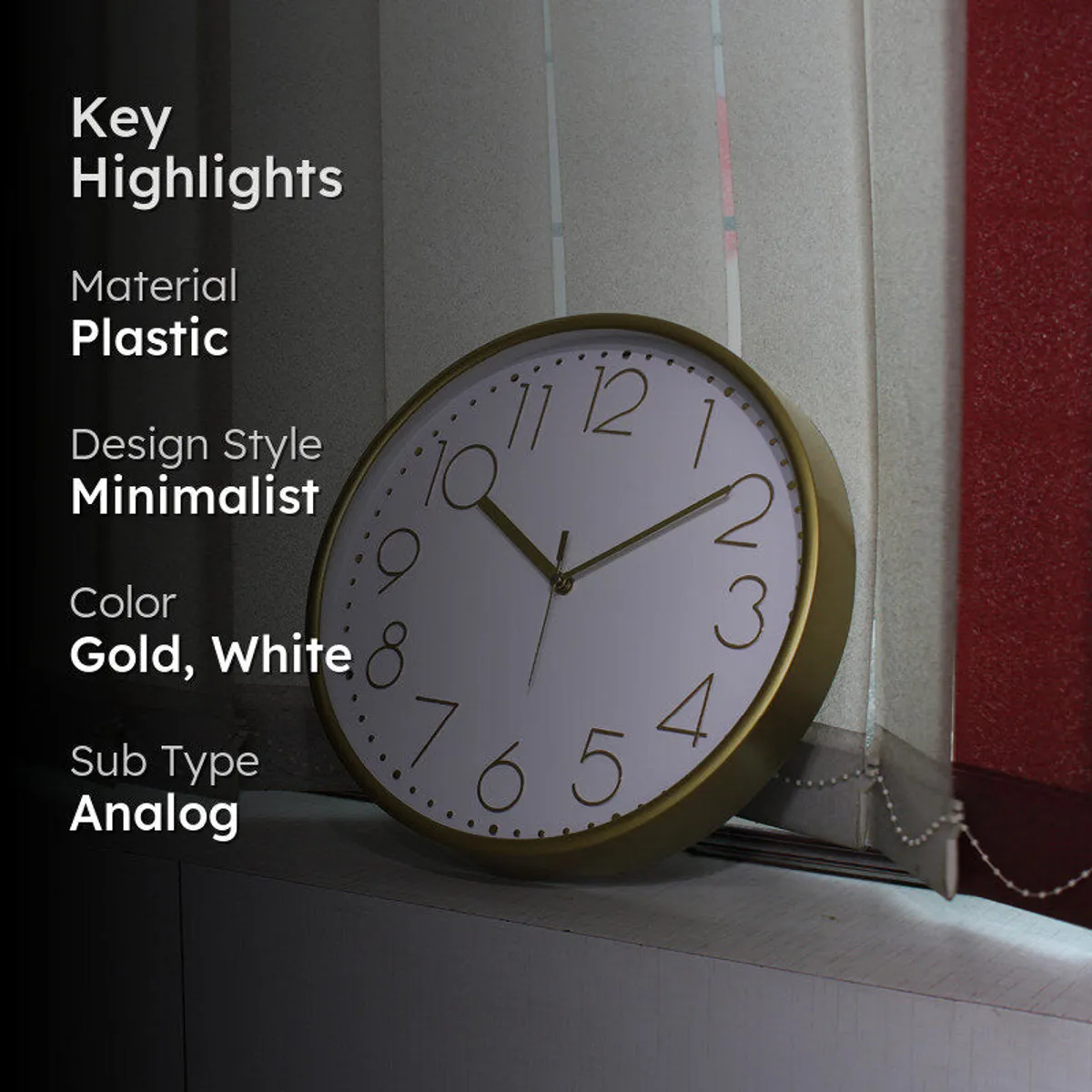 Tynox Analog Wall Clock - Gold, White - 2