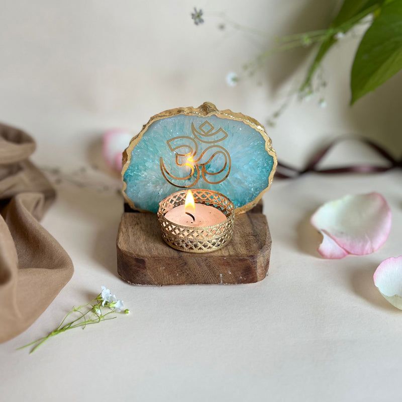 Namokar Handcrafted Agate Religious Accent With Tealight Candle Holder - Green