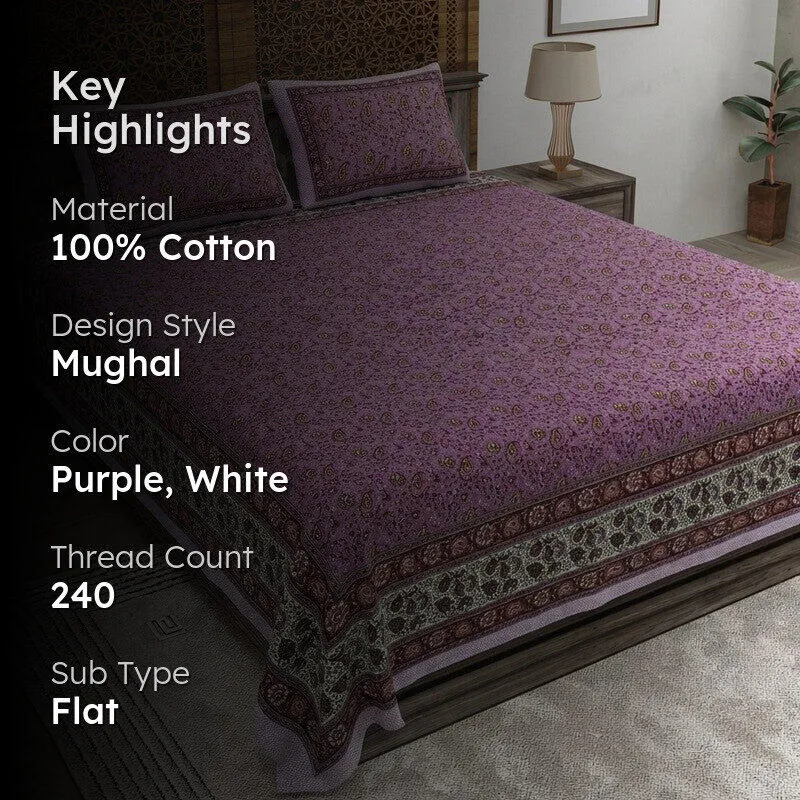 Floraus Cotton Bedsheet (Purple,White) - 240 TC media 2