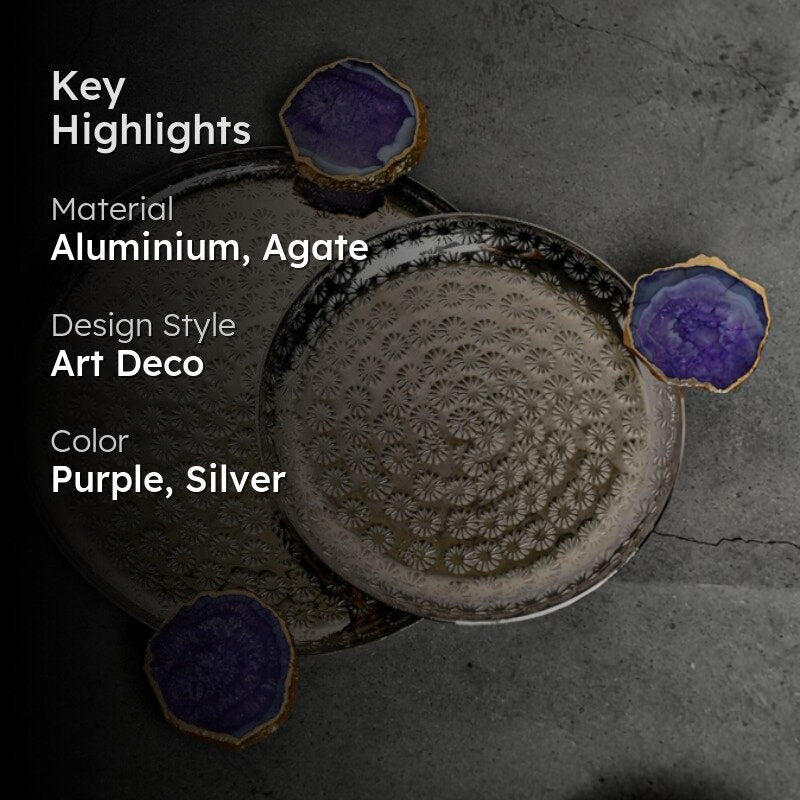 Samitha (Aluminum,Agate) Platter With Agate Decoration (Purple & Silver) - Set of Two media 2
