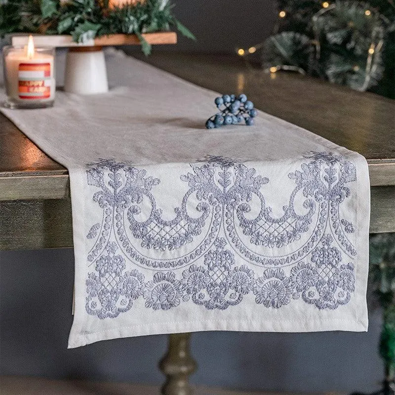 Threaded Blossom Embroidered Cotton Table Runner - Blue media 1