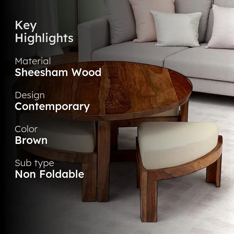Gravex Sheesham Wooden Center Table with Stools and Cushions (Brown) - Nine Piece Set media 2