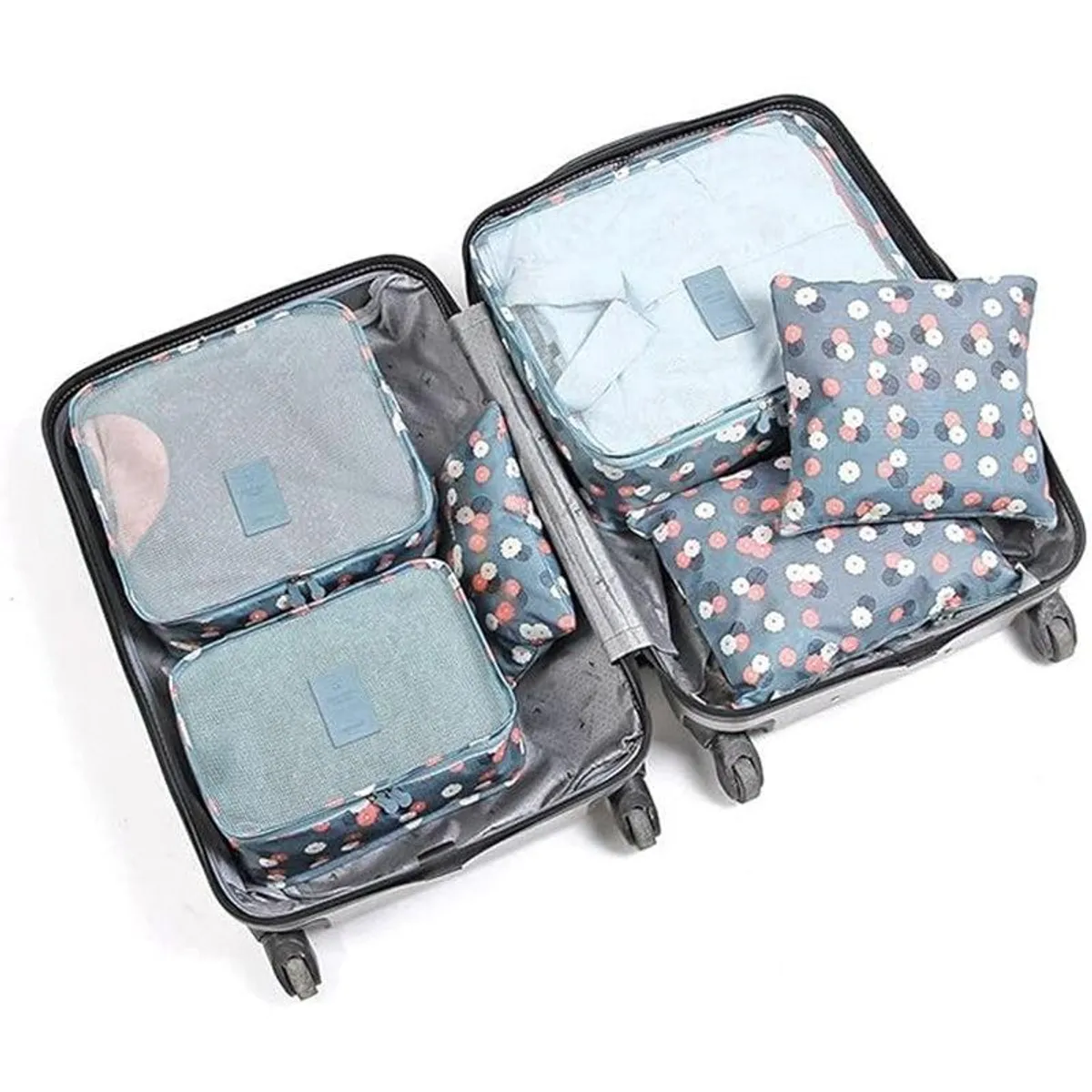 Blue floral organisers arranged inside an open suitcase
