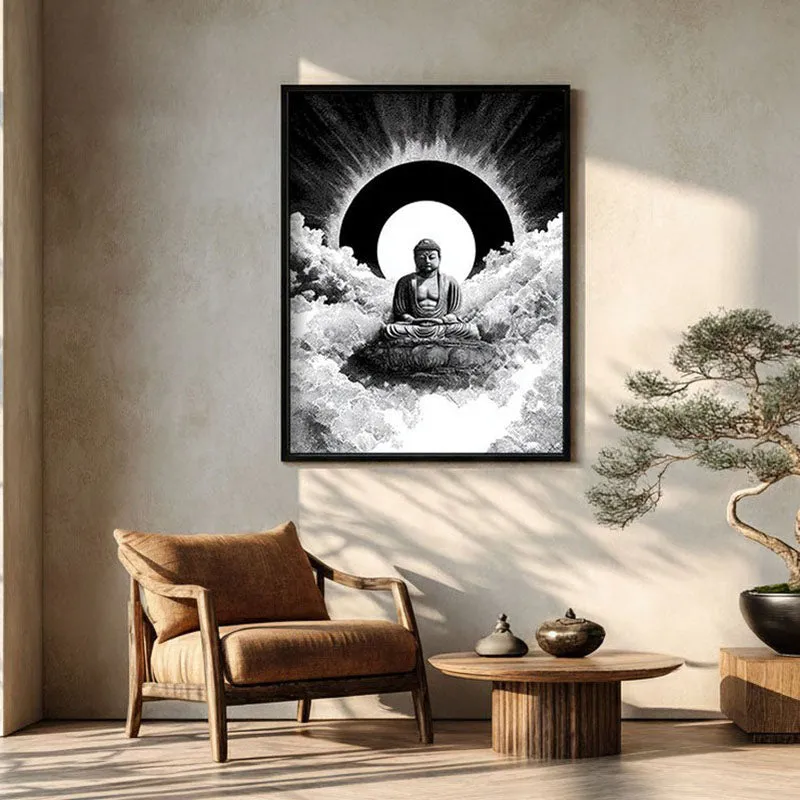 Buddha Calm Aura Wall Painting With Black Frame media 1