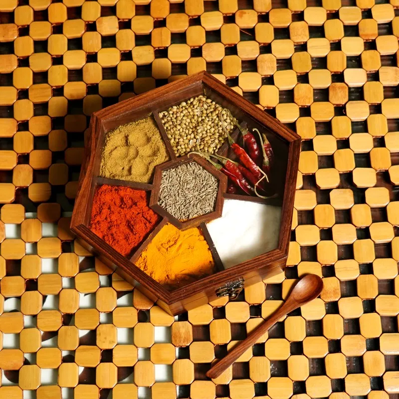 Rasoi Sheesham Wood Hexagon Masala Box - Two Piece Set media 5