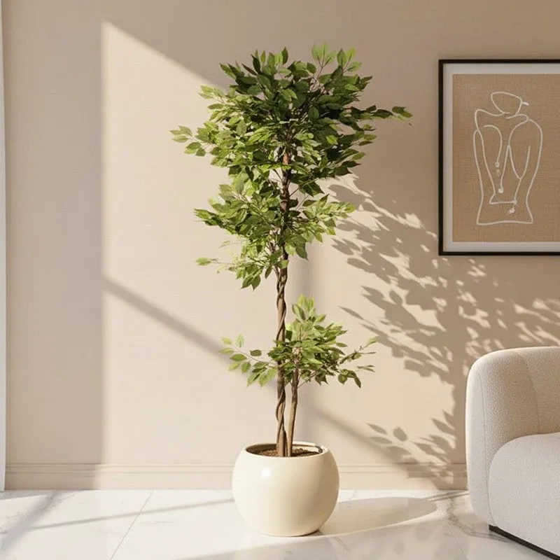 Faux Lush Topiary Ficus Plant With Black Plastic Pot - 6 Feet media 1