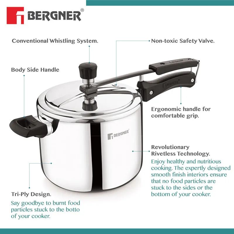 Silver pressure cooker with black handles shown in a product feature graphic