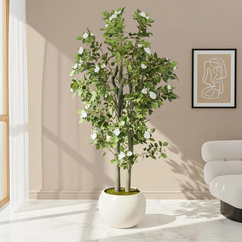 Faux Lush Mini Camellia Plant With Black Plastic Pot (Light Pink) - 4.3 Feet media 1