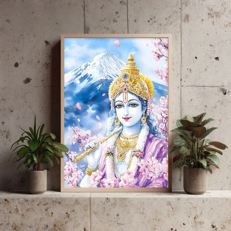 Govardhana Giridhari Spiritual Archival Paper Wall Painting - Natural Brown Frame media 4