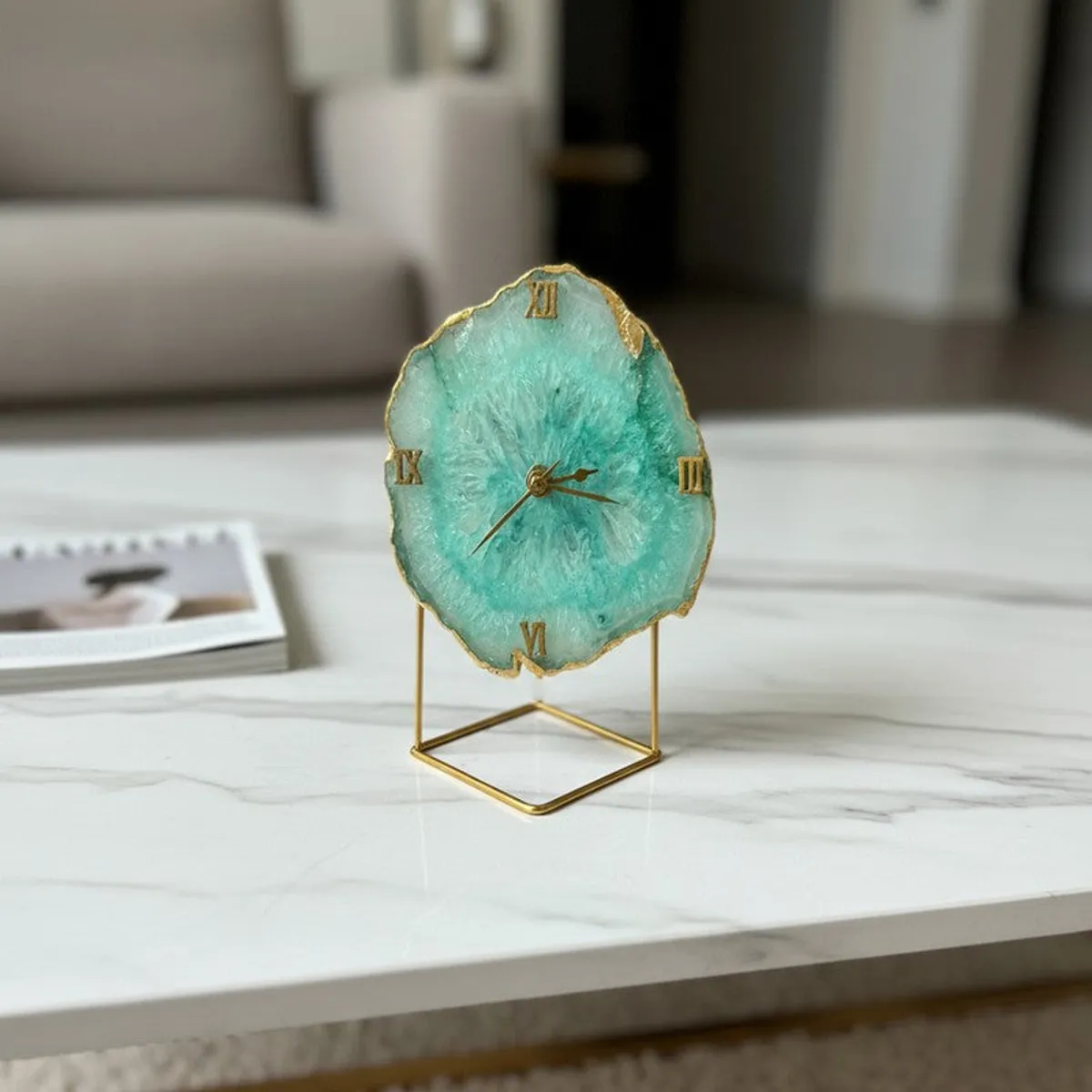 Green agate table clock on a white tabletop in a living room setting