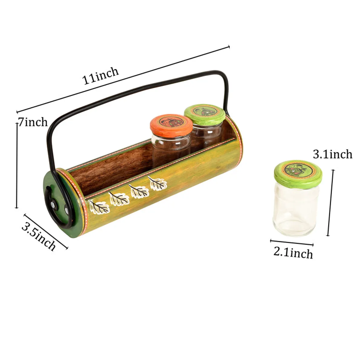 Green condiment caddy and glass jar shown with measurement arrows